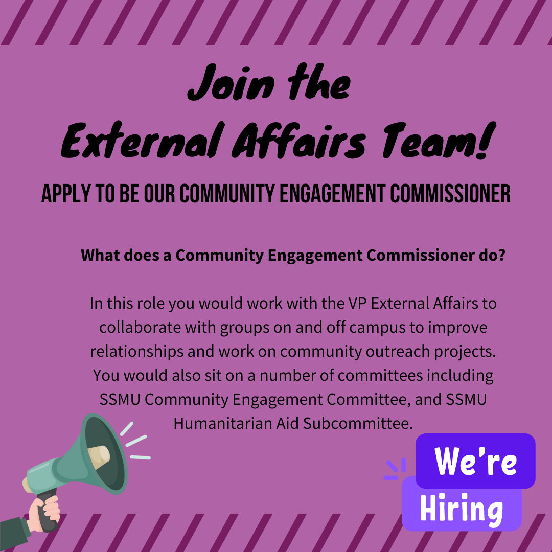 Join the External Affairs Team! Apply to be our Community Engagement Commissioner

jobs.smartrecruiters.com/StudentSociety…

#SSMU #ExternalAffairs #VPExternal #SSMUExternal #MiltonParc #McGill #Job #Employment #Travail #CommunityEngagement