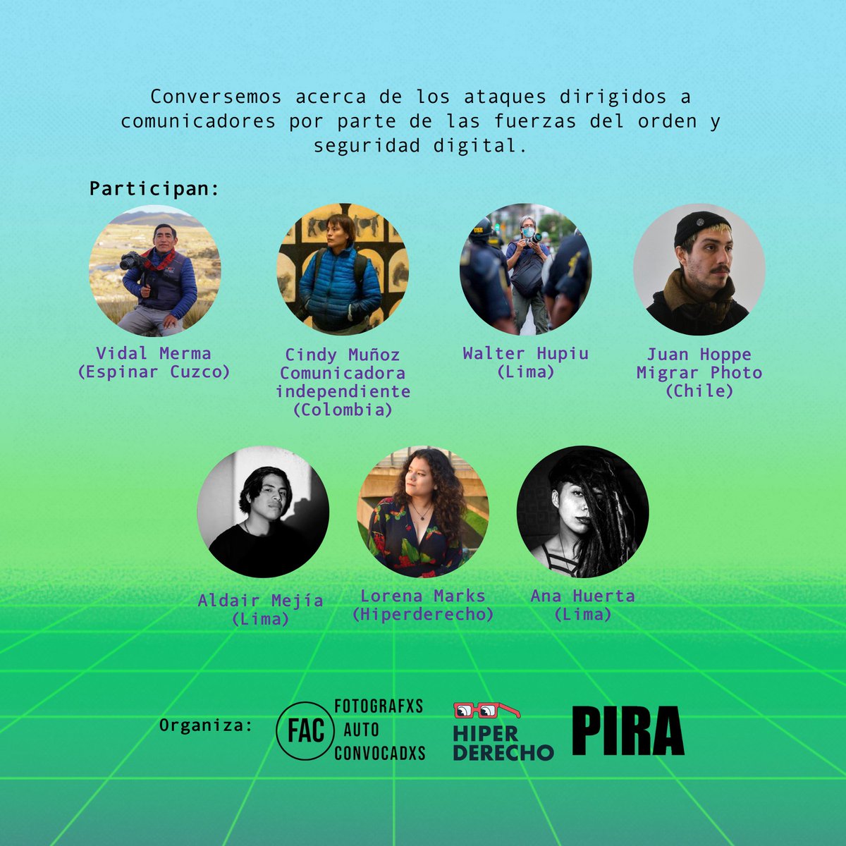 Participan Vidal Merma desde Cuzco, Cindy Muñoz desde Colombia, <a href="/WALTERHUPIU/">WALTER HUPIU</a>, Juan Hoppe de <a href="/MigrarPhoto/">Migrar Photo</a> de Chile, Ana Huerta, <a href="/lorenamarks08/">Lorena Marks</a>   representando a Hiperderecho y <a href="/faldairmejia/">Aldair Mejia</a>.