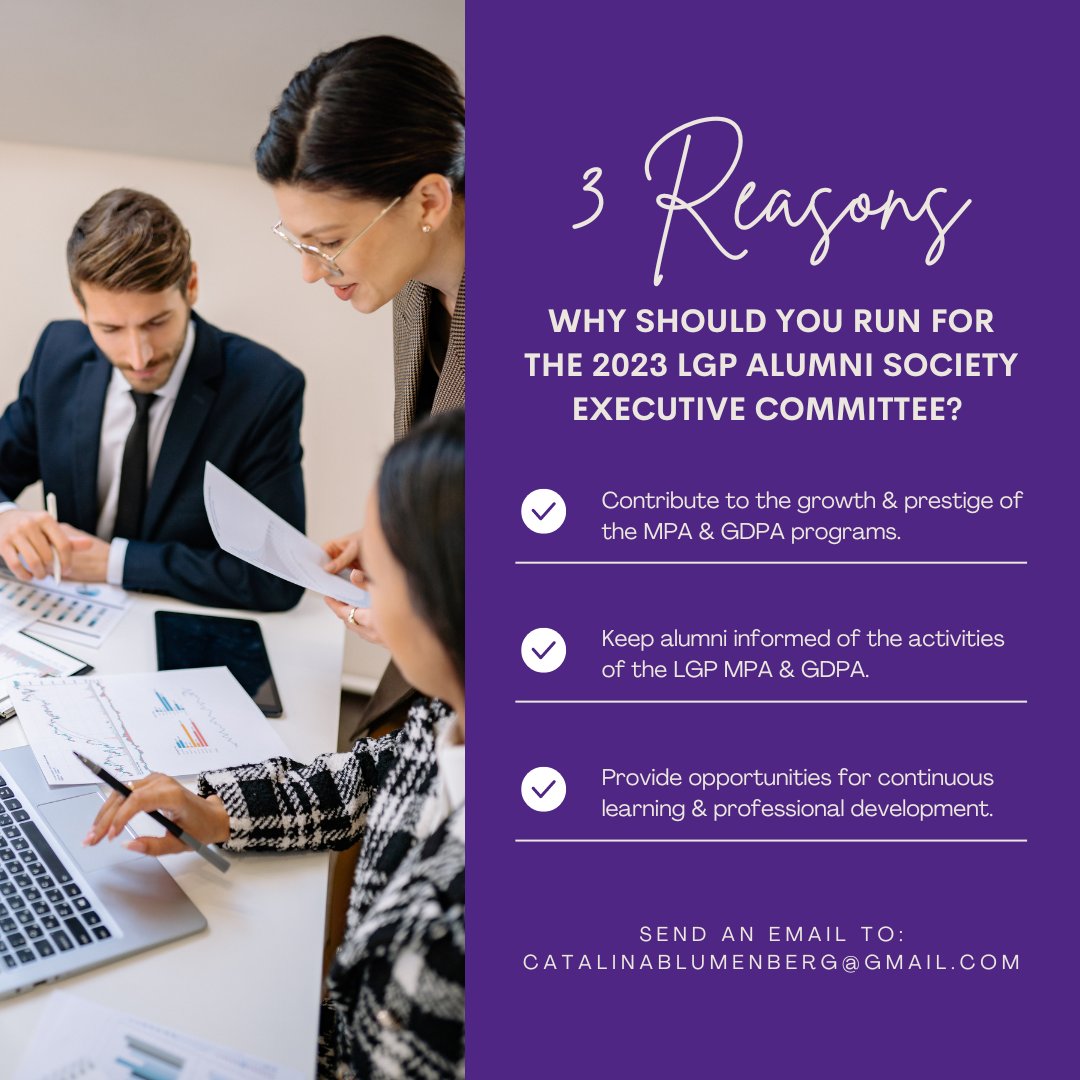 LocalGovAlumni's tweet photo. JOIN OUR TEAM! Why run for the 2023 Local Government Program Alumni Society Executive Committee? Here are three reasons why! We’re hiring positions for Vice President, Director of Communications, Director at-Large (2) &amp; Toronto Area Representative. https://t.co/2AvdhqbQMD