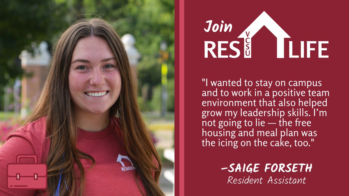 VCSUResLife's tweet photo. Here are Saige's thoughts on deciding to #JoinResLife.
#VCSUResLife #ResLife #ResidentAssistant
#AssistantHallDirector #Hiring #OnCampusJobs https://t.co/vc5YcsqOlE
