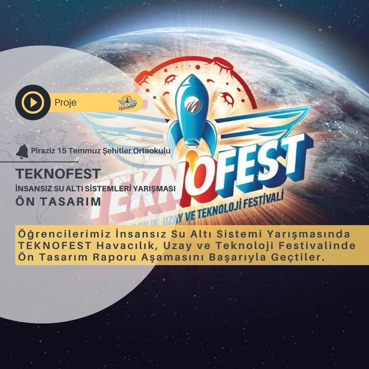 "Uzayın Derinliklerinden Okyanusların Derinliklerine"

Piraziz 15 Temmuz Şehitler Ortaokulu öğrencileri İnsansız Su Altı Sistemi Yarışmasınde TEKNOFEST Havacılık, Uzay ve Teknoloji Festivali'nde Ön Tasarım Raporu aşamasını başarıyla geçtiler.

#TEKNOFEST2023