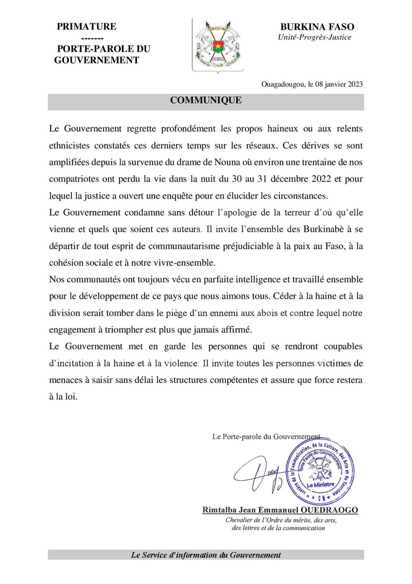 sigbf's tweet image. #Communiqué
Le Gouvernement regrette profondément les propos haineux ou aux relents ethnicistes constatés ces derniers temps sur les réseaux. Ces dérives se sont amplifiées depuis la survenue du drame de Nouna ...

#Com_Gouv_BF
#BurkinaFaso
#SIGBurkina