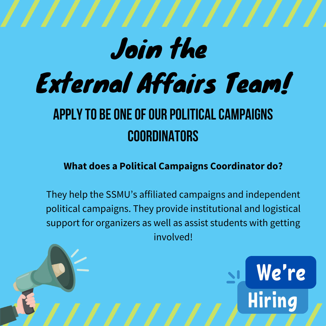 We're Hiring: Political Campaigns Coordinator

jobs.smartrecruiters.com/StudentSociety…

#SSMU #ExternalAffairs #VPExternal #SSMUExternal #Job #Travail #Employment #Campaigns #SocialJustice #Protest #Advocacy #McGill #Montreal #MiltonParc