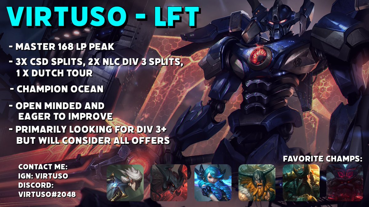VirtusoEUW's tweet photo. Due to unfortunate circumstances, I will go last minute LFT for the next split. If you have any questions, or are interested in inviting me to a tryout, make sure to contact me, my DM's are open. 
Likes and retweets are appreciated 🫰 https://t.co/5q4FopOsmK