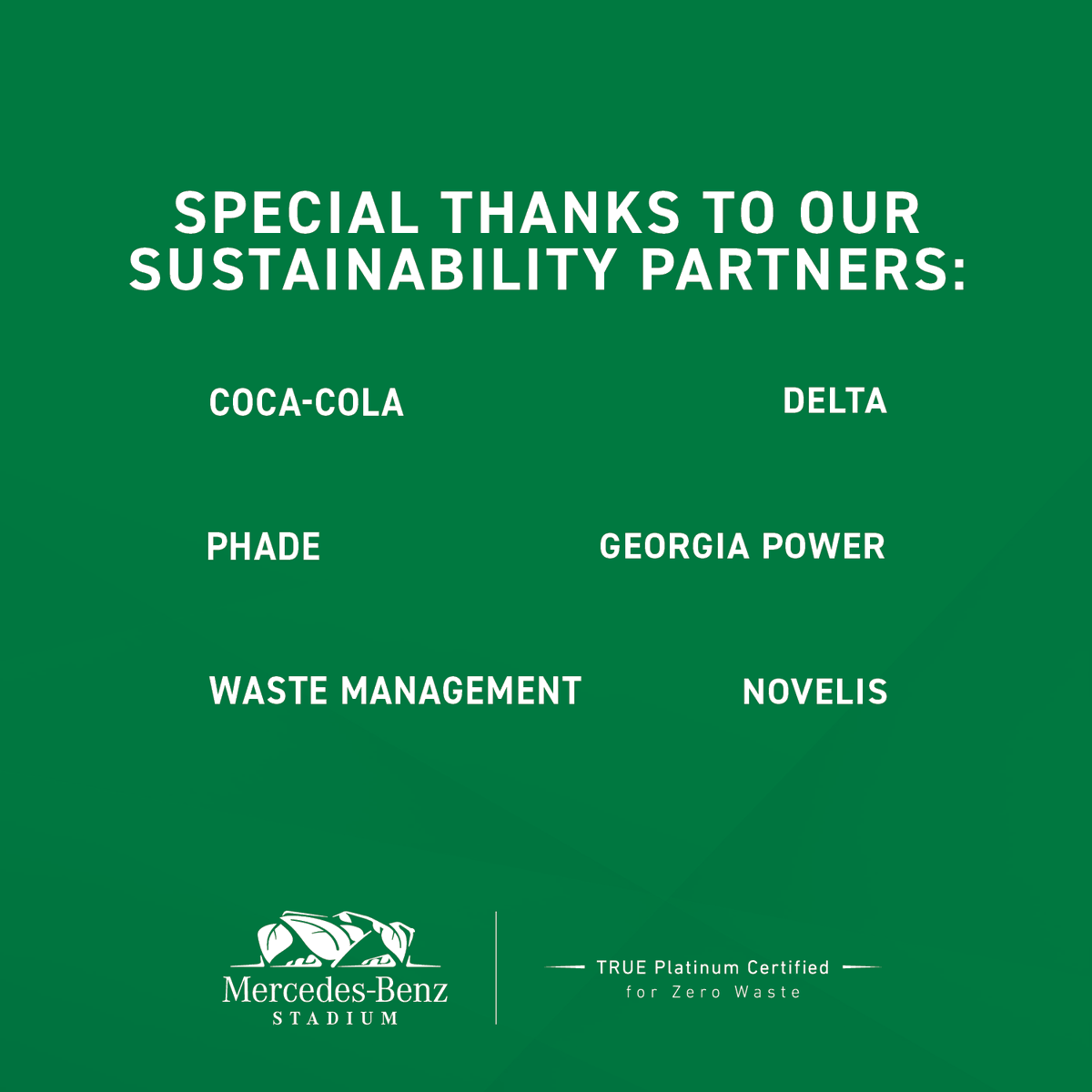 MBStadium's tweet photo. Mercedes-Benz Stadium has become the first stadium worldwide to be awarded with the environmentally coveted and globally recognized Total Resource Use and Efficiency (TRUE) Platinum certification for its zero waste efforts. https://t.co/fFTLsfF7hO