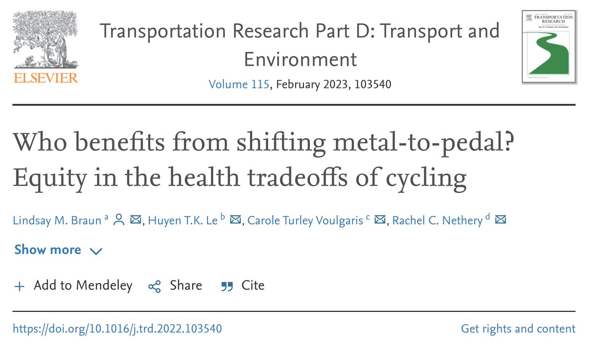 New study models health effects if Los Angeles residents biked 2.5 miles daily instead of driving.

Result: Deaths declined 12.4% overall (including +exercise, +cleaner air, and -cycling crashes)

doi.org/10.1016/j.trd.…
