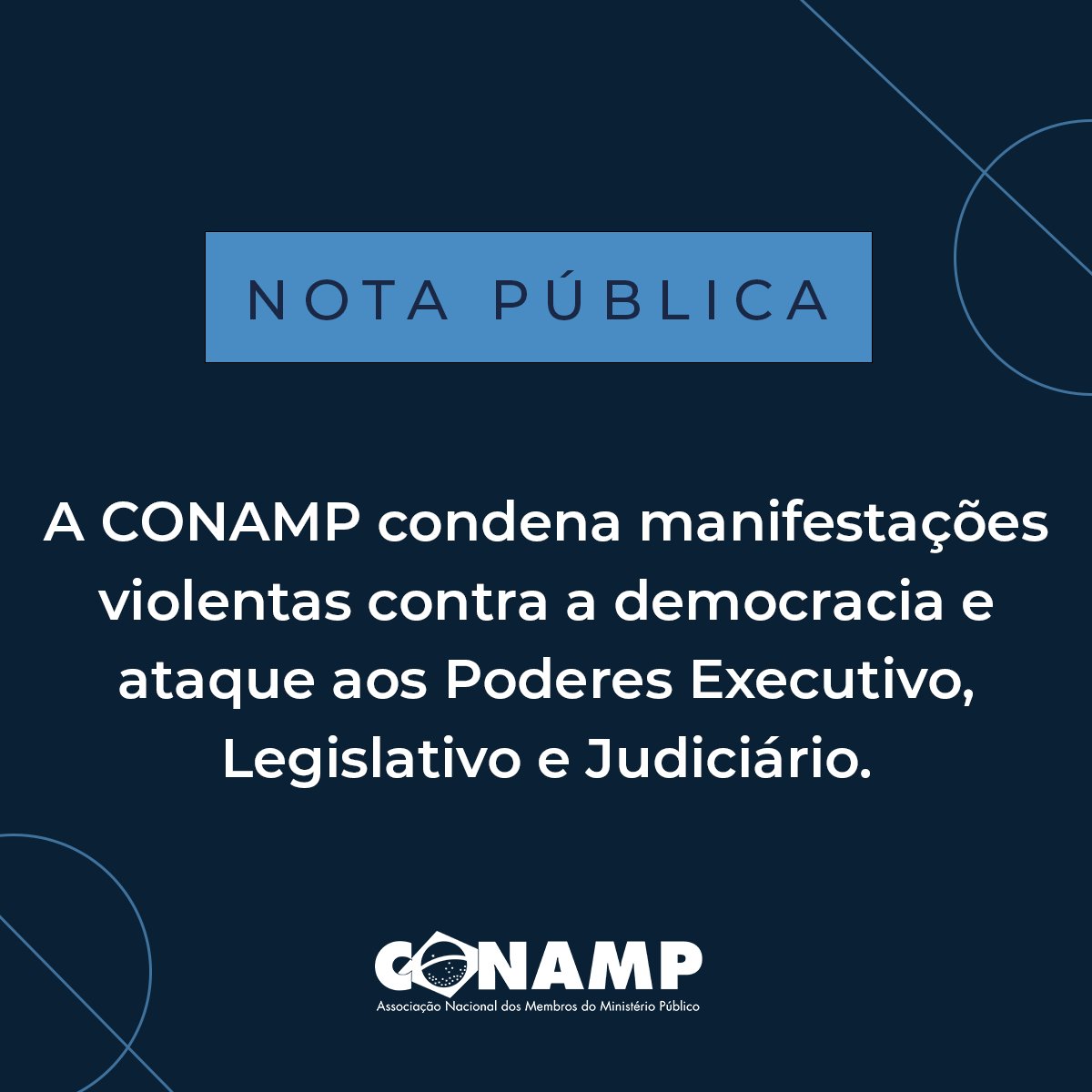 Conamp's tweet image. A CONAMP condena as manifestações violentas contra a democracia e de ataque aos Poderes Executivo, Legislativo e Judiciário.
Leia mais aqui: bit.ly/3IygyvX