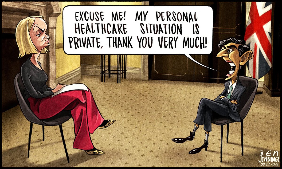 Ben Jennings on Rishi Sunak’s answers on healthcare - political cartoon gallery in London original-political-cartoon.com
