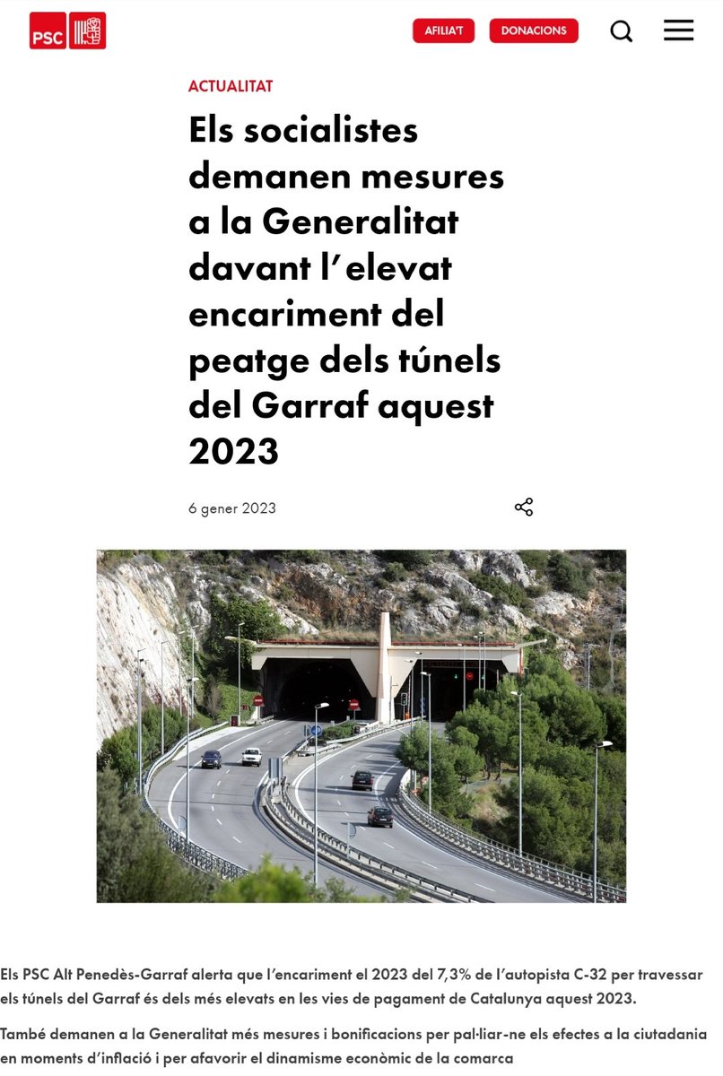 🔴📰 Els socialistes demanen mesures a la Generalitat davant l’elevat encariment del peatge dels túnels del Garraf aquest 2023

👉🏼 L'augment de 53 cèntims a cada pas suposa una barrera més a la demanda històrica de la comarca

#PSC🌹
#GovernarCatalunya 
1/2