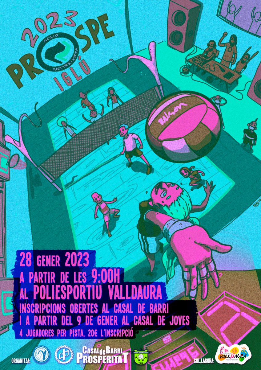 CasalBProspe's tweet photo. 🏐 #ProspeIglú 2023! Torna el torneig de vòlei més popular de l'hivern!
🗓️ Dissabte 28 de gener, a partir de les 9 h, al poliesportiu Valldaura
ℹ️ Cal inscripció prèvia. Més info: https://t.co/qljKfBGxaP
#Prosperitat #ProspeBeach #NouBarris https://t.co/CvmW9ouqGQ