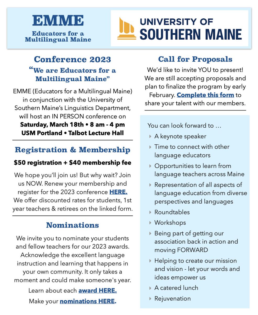 Educators for a Multilingual Maine, in conjunction with the University of Southern Maine's Linguistics Department, will host an IN PERSON conference on Saturday March 18th at the Portland Campus from 8 to 4. The cost is $50 plus membership fees ($40).
shorturl.at/dLRW8