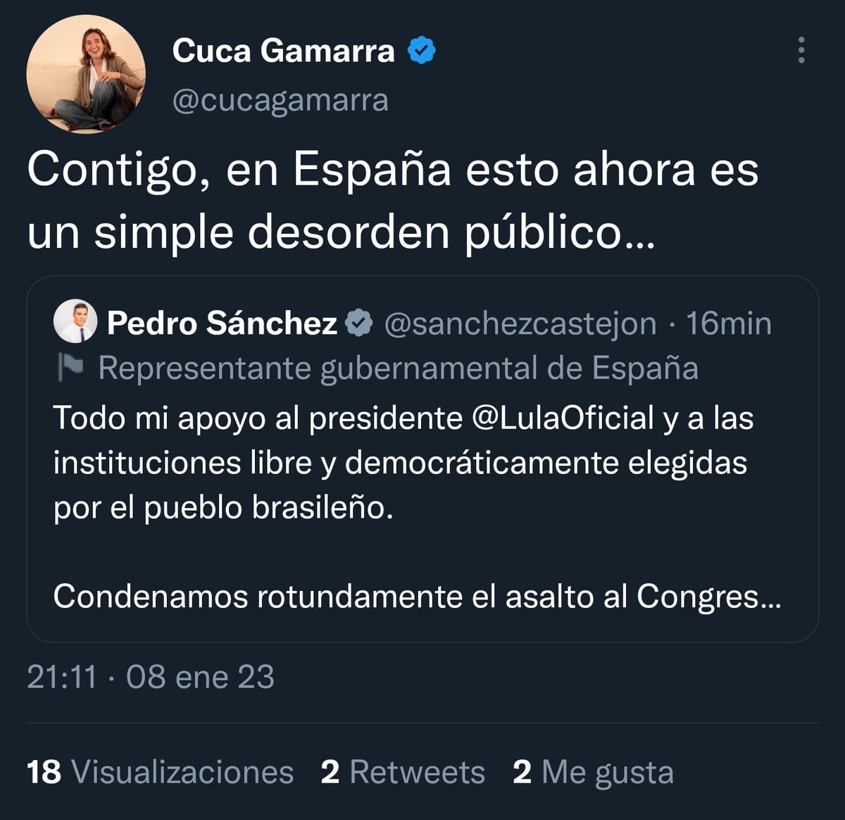 Señor <a href="/NunezFeijoo/">Alberto Núñez Feijóo</a>, aquí no cabe más que condenar los incidentes contra la democracia en Brasil. Debe corregir a la señora Gamarra de inmediato. Es demasiado peligroso. No todo vale.