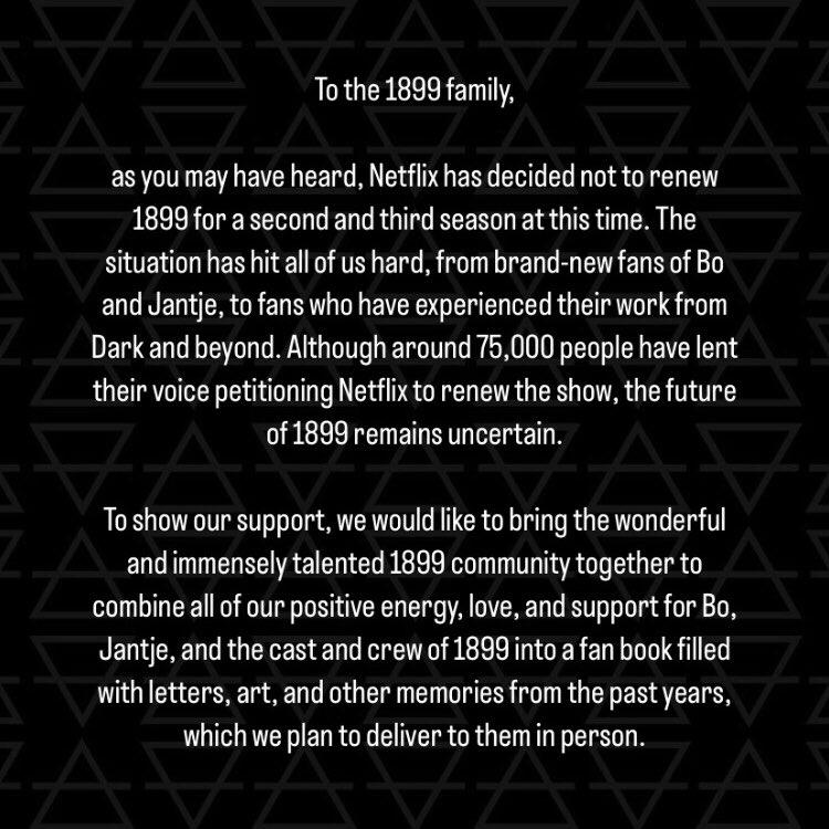 1899Netflix's tweet photo. Hi 1899 family,
the past days have been tough. We thought now is the perfect time to show Bo and Jantje how many care about their work and thank them for the past years with a special fan-book. We would love to have you all be part of it!
More information: https://t.co/TDqmDjN7Gi https://t.co/JlkSV7E9O9