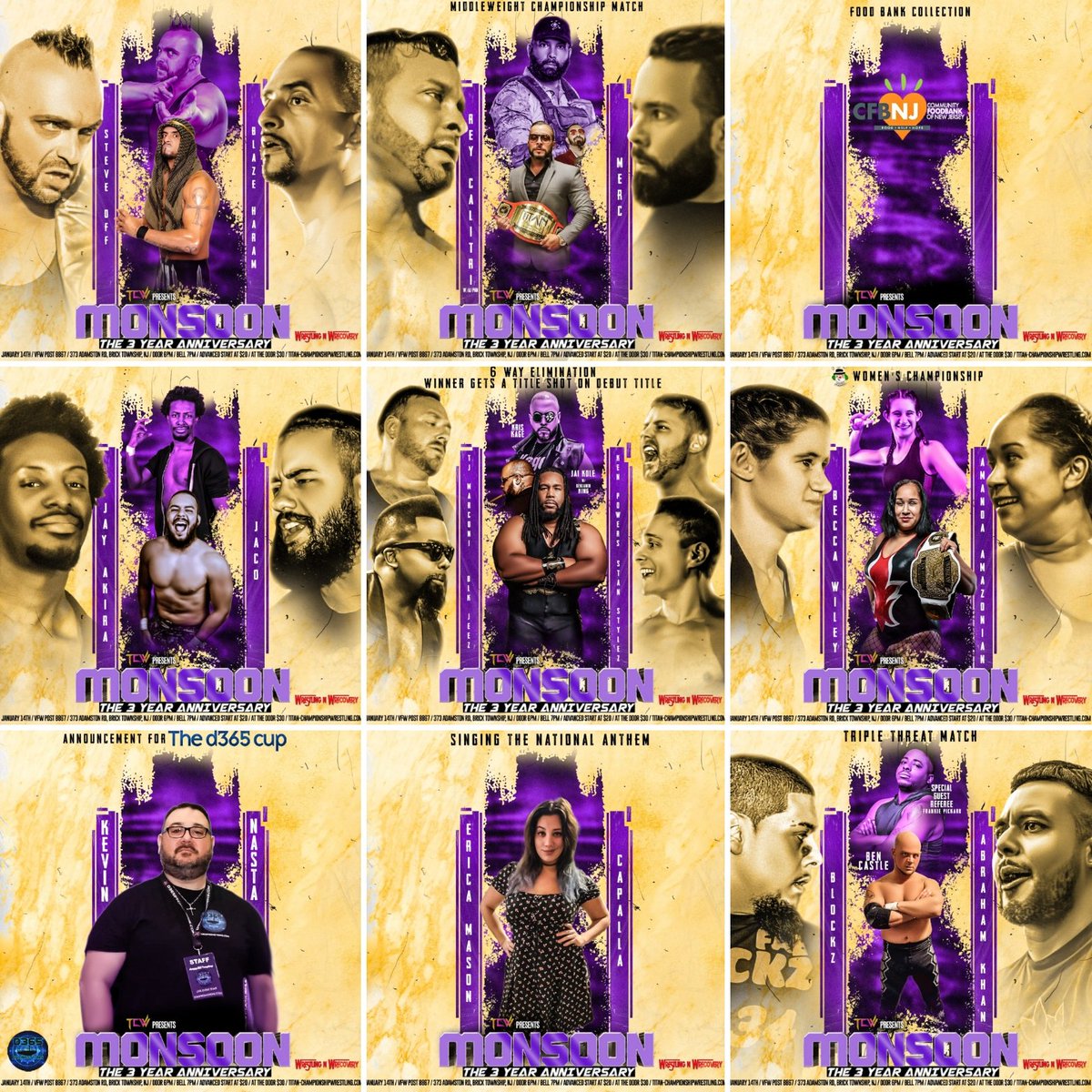 TiTanChampions1's tweet photo. Less than one week away!! Pre-sales end Fri at 8pm. https://t.co/9MBwvzbLCA 

Jan 14th live from Brick Township NJ
TCW Monsoon 3

@AnthonyGangone vs @RickRecon1
@SteveMackDHS vs @H2OWRESTLING 
@BD_CraigSteele vs @PjSavage__ 
@gruntstyle_MERC vs @CalitriRey
And much more!!! https://t.co/0Jy4H8nhO2