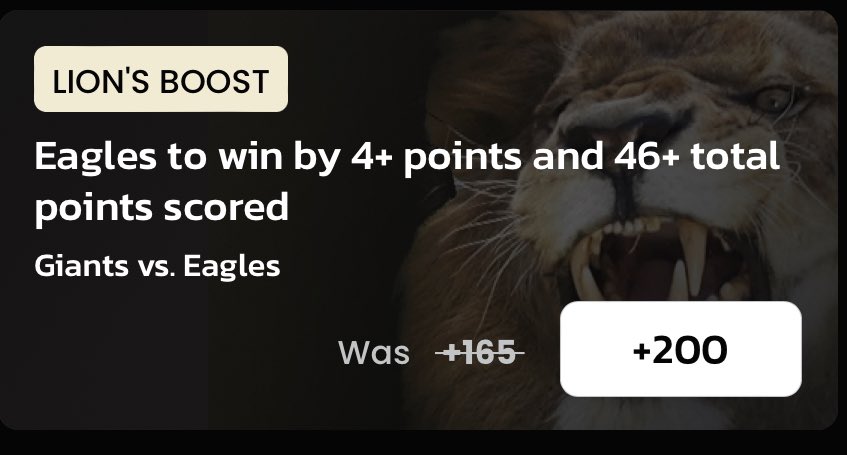 DoctorPickEm's tweet image. 🚨 Must Bet Odds Boost 🚨 

#FlyEaglesFly  to win by 4 and over 45.5 points boosted to +200 in for 1u @BetMGM Lion’s Boost