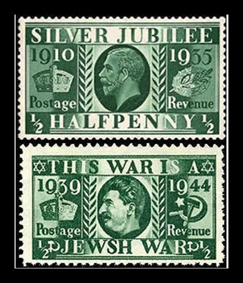 worldwar2study's tweet image. Nazi Germany also produces fake enemy stamps as propaganda, like this imitation Silver Jubilee stamp, replacing King George's head with Stalin's, using the slogan: "This war is a Jewish war".  #WW2