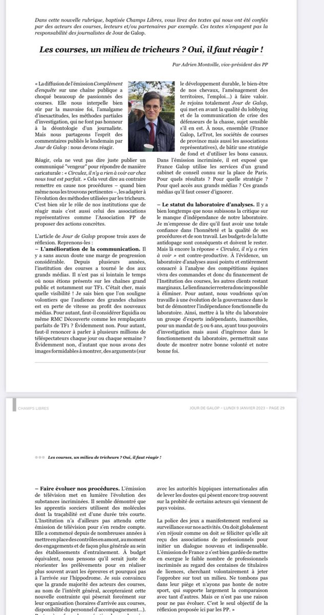 A lire avec attention la chronique aimablement publiée par #jourdegalop et signée par <a href="/montoi_a/">Adrien Montoille</a> , Adrien Montoille, vice-président des PP en réaction à l’émission #Complementdenquete sur #France2