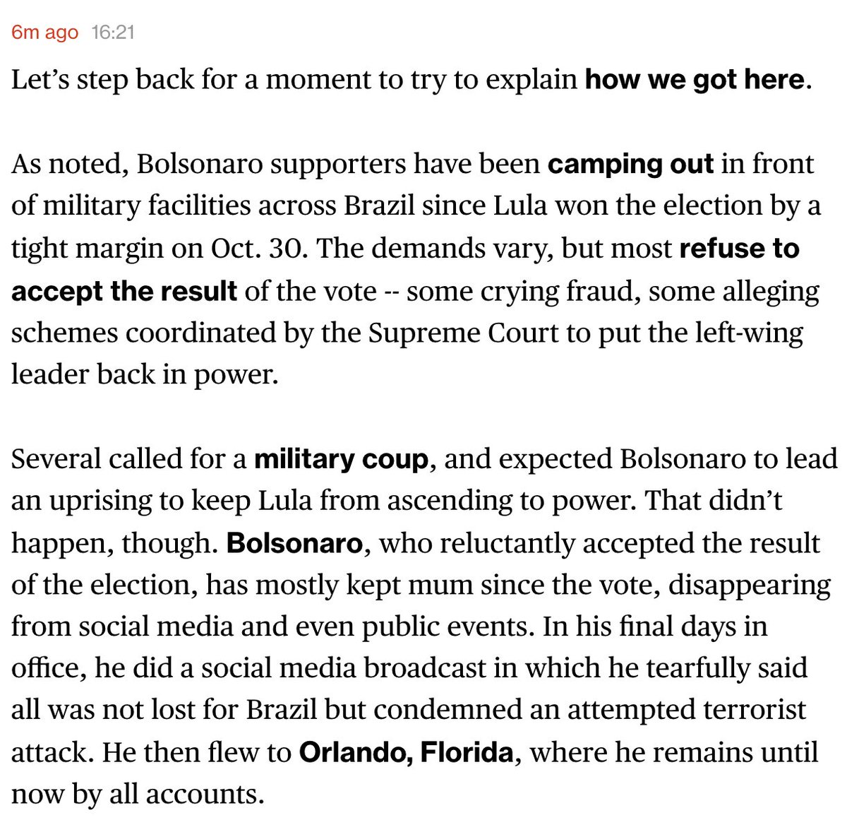 How did we get here? More context on the Brasilia getting stormed by pro-Bolsonaro rioters in our live blog trib.al/0gsV9mq