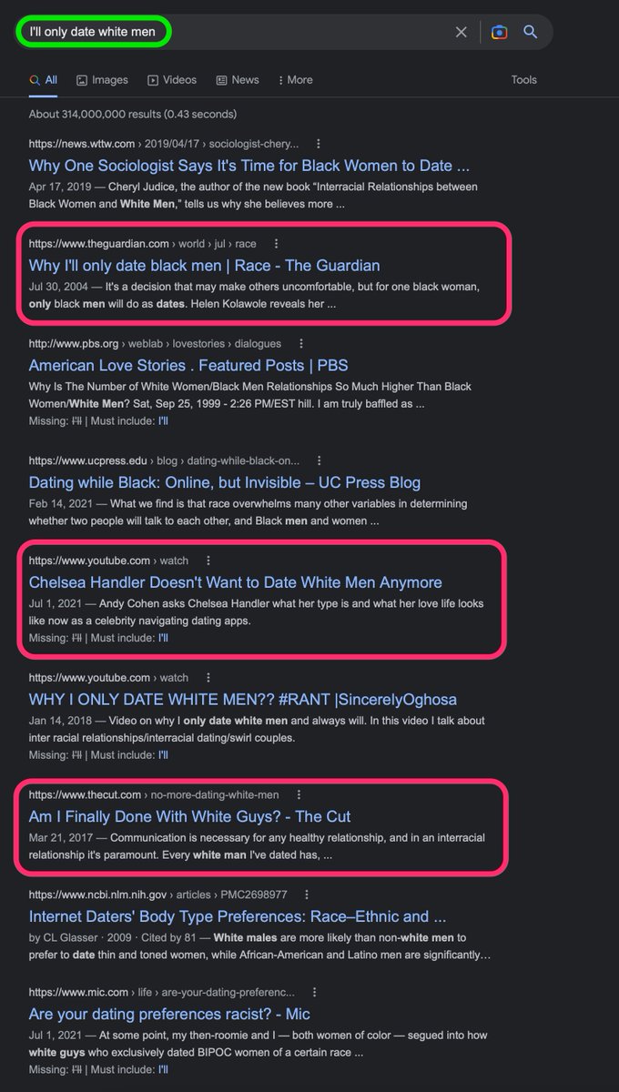 SublimusLeo's tweet image. According to #Google’s anti- common sense #propaganda machine, known as “#GoogleSearchEngine”, there are essentially no Women who’ll date White Men exclusively. Moreover, almost every “woman” (also known as #bot) will decidedly date nonwhite males. #miscegenation #propaganda