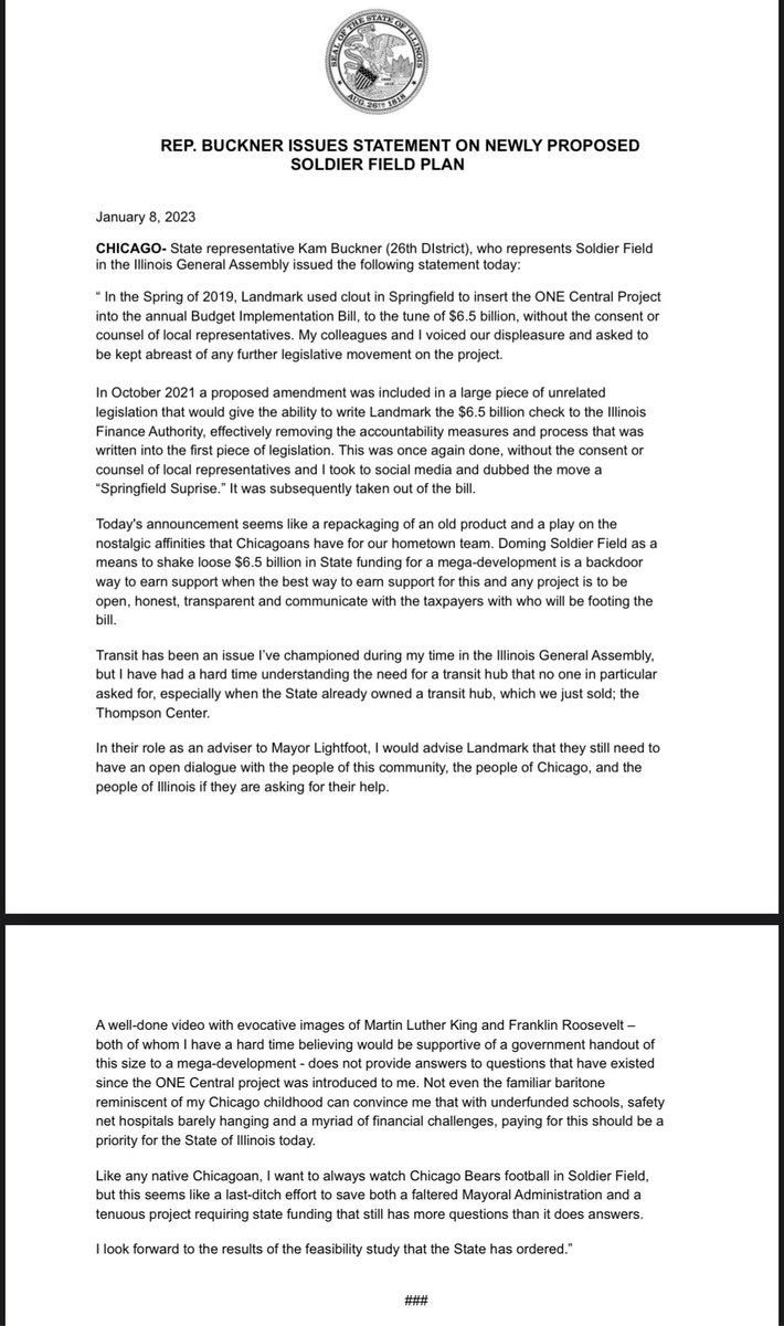 Rep.Kam Buckner on Twitter "My statement on the newly proposed Soldier