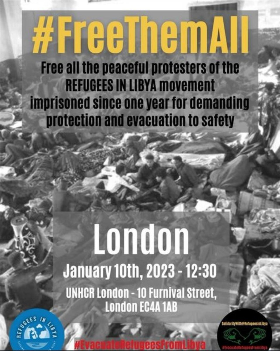 UNFAIR_agency's tweet photo. #FreeThemAll - Free all the peaceful protesters of @RefugeesinLibya imprisoned since one year for demanding protection and evacuation to safety.
📅January 10, 2023, 12:30 GMT
📍London: @UNHCRUK - 10 Furnival Street
#EvacuateRefugeesFromLibya #LibyaNOTSafe https://t.co/1Lk0ogMa0g