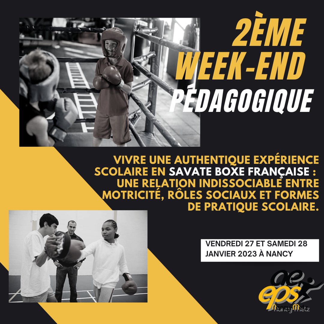 🔔 2ème week-end pédagogique avec Olivier Larivière
📆 Le 27 janvier (18h15-20h15) : communication/débats ouvert à tous✅
📆 Le 28 janvier (9h-13h) : atelier de pratique SBF🥊
⛳️ UFR STAPS NANCY
                                                     1/3.