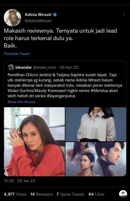 Saya 'kenal' Adinia Wirasti baru di CTS1, dan langsung respek pada actingnya. Keren banget. Habis itu baru nonton yang lain2. Di CTS2 dia juga main keren.