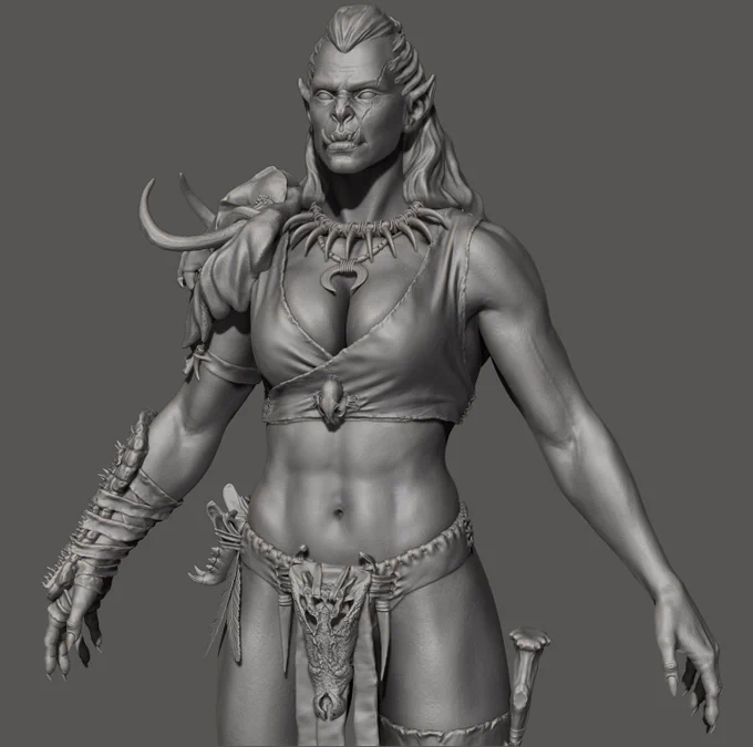 Close! Been trying to go over and do a detail pass- hard to know what to sculpt and what to leave to texturing. She definitely needs an overall scar pass and then its time for retopology  