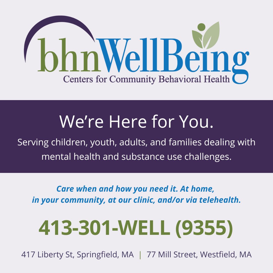BHNmass's tweet photo. BHN WellBeing Centers provide services in Spanish or English for children, youth, adults, and families dealing with mental health and substance use challenges. Call 413-301-WELL (9355) or visit https://t.co/Pxbt2BdN6c to learn more. https://t.co/3mWM5AK4eX