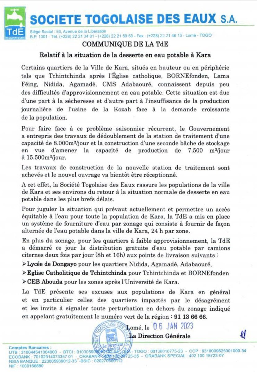 laTdE_SA's tweet photo. Communiqué de la #TdE relatif à la situation préoccupante de la desserte en eau potable dans certains quartiers de la ville de #kara. https://t.co/DUwSt4qQwI