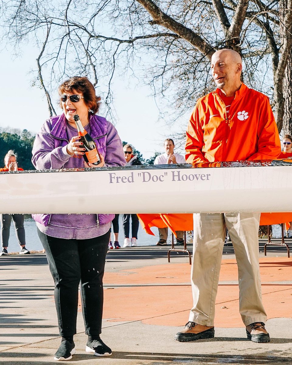 ClemsonRowing's tweet photo. Special day today as we dedicated one of our boats to our late friend Fred “Doc” Hoover 🧡💜 https://t.co/tAlYu5z099