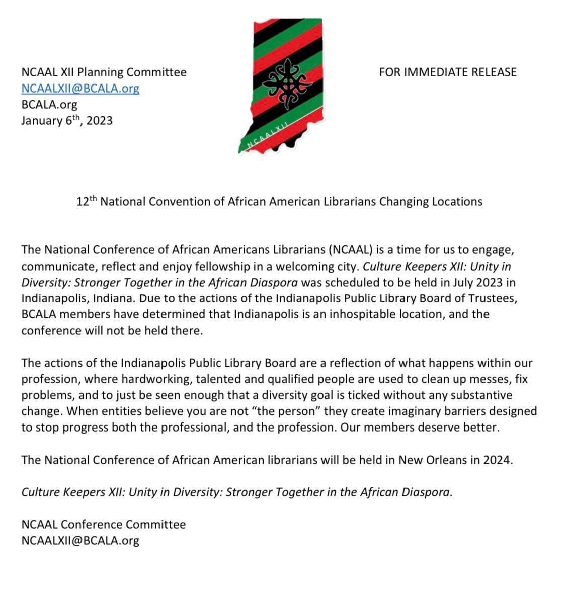 Katiera_Winfrey's tweet photo. #BREAKINGNEWS. The National Conference of African American Librarians is pulling it’s conference out of Indianapolis in response to the controversy around the #IndyLibrary CEO search. @WISH_TV https://t.co/fKdfYOUdj8