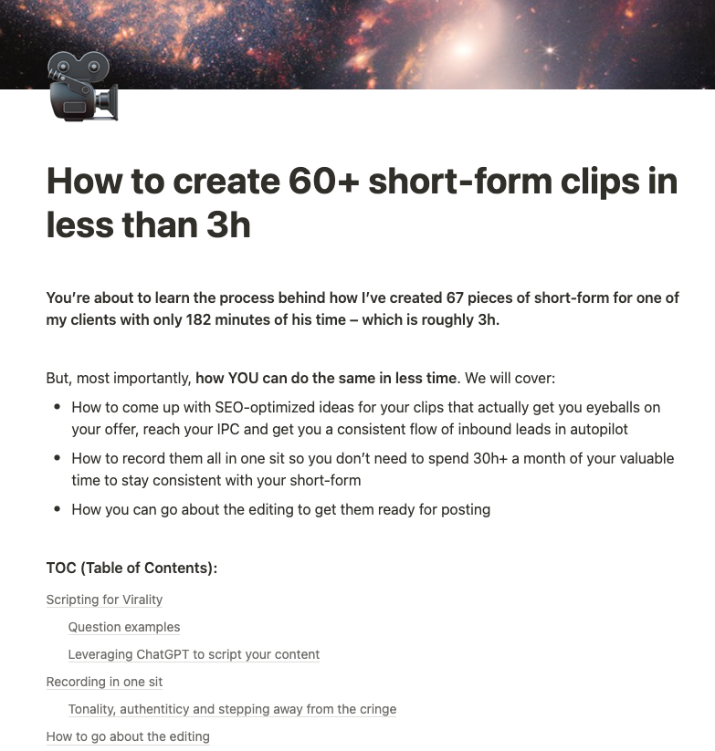 willyuste's tweet image. I've created a +2K-word Notion Guide going over the EXACT same process I used to create 67 clips for one of my clients with ONLY 182 minutes of his time.

And I'm giving it away for FREE. 

RT and comment "send" and I'll DM it to you.

(must be following – 24h only)