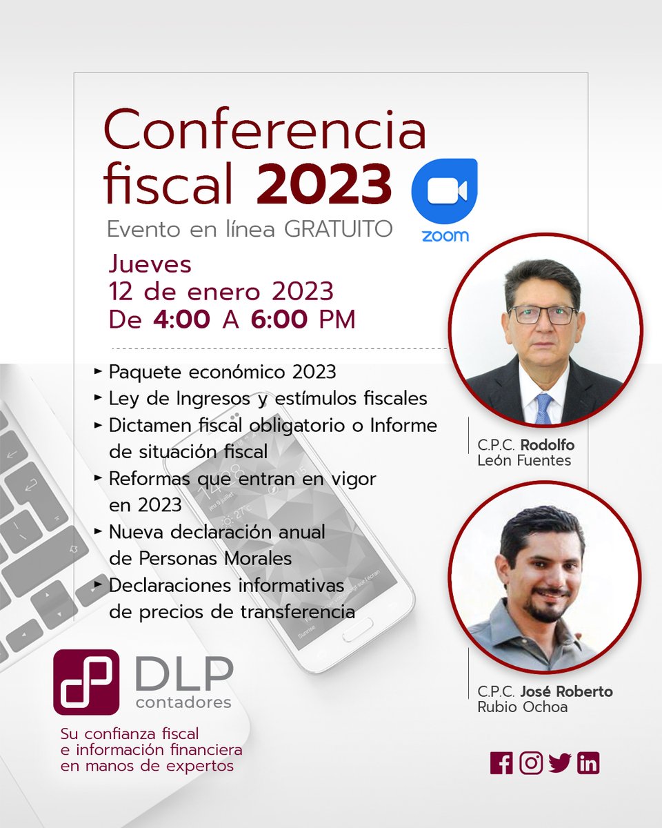 DLPContadores's tweet photo. Conferencia online ➡️ Reforma fiscal 2023
Presentaremos todo lo que se necesita saber y cómo hacer frente a ella. 
Totalmente GRATIS ‼️
🗓 12 de Enero ⏱ de 4:00 a 6:00 pm
Inscríbete 👉 https://t.co/rCM6Z9qKkw https://t.co/6x1ifnCJ52