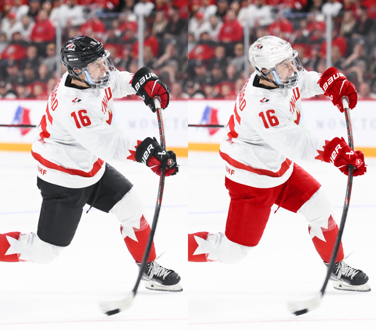 tatenhomas's tweet image. Hockey Canada needs to remove black as a primary colour in their uniforms. Red and white all day 🇨🇦