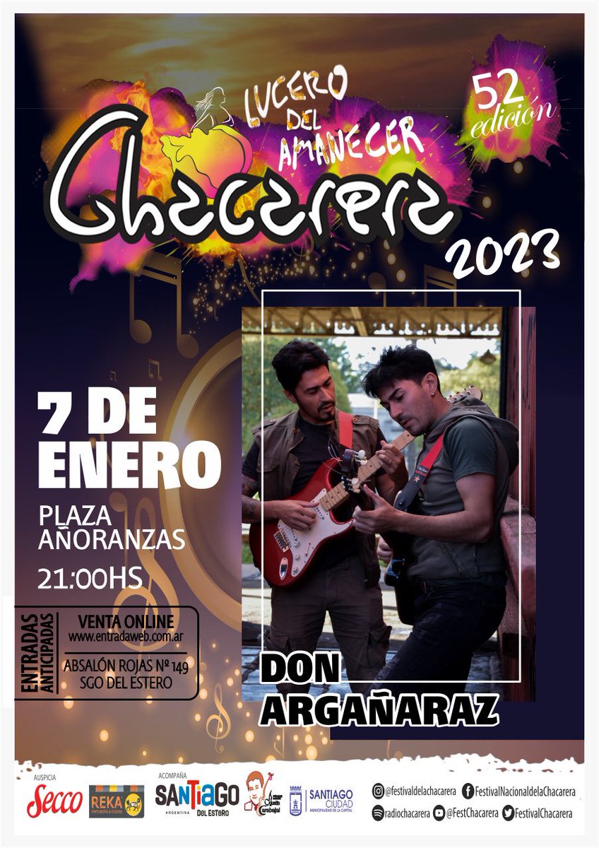 🎶 Vení a disfrutar de una noche de baile, amigos y una gran grilla de artistas

✅ #DonArgañaraz estará presente en nuestro escenario

🗓️ 7 de enero en Plaza Añoranzas a las 21:30hs

🎫 entradas en: Absalon Rojas 149 o en entradaweb.com.ar