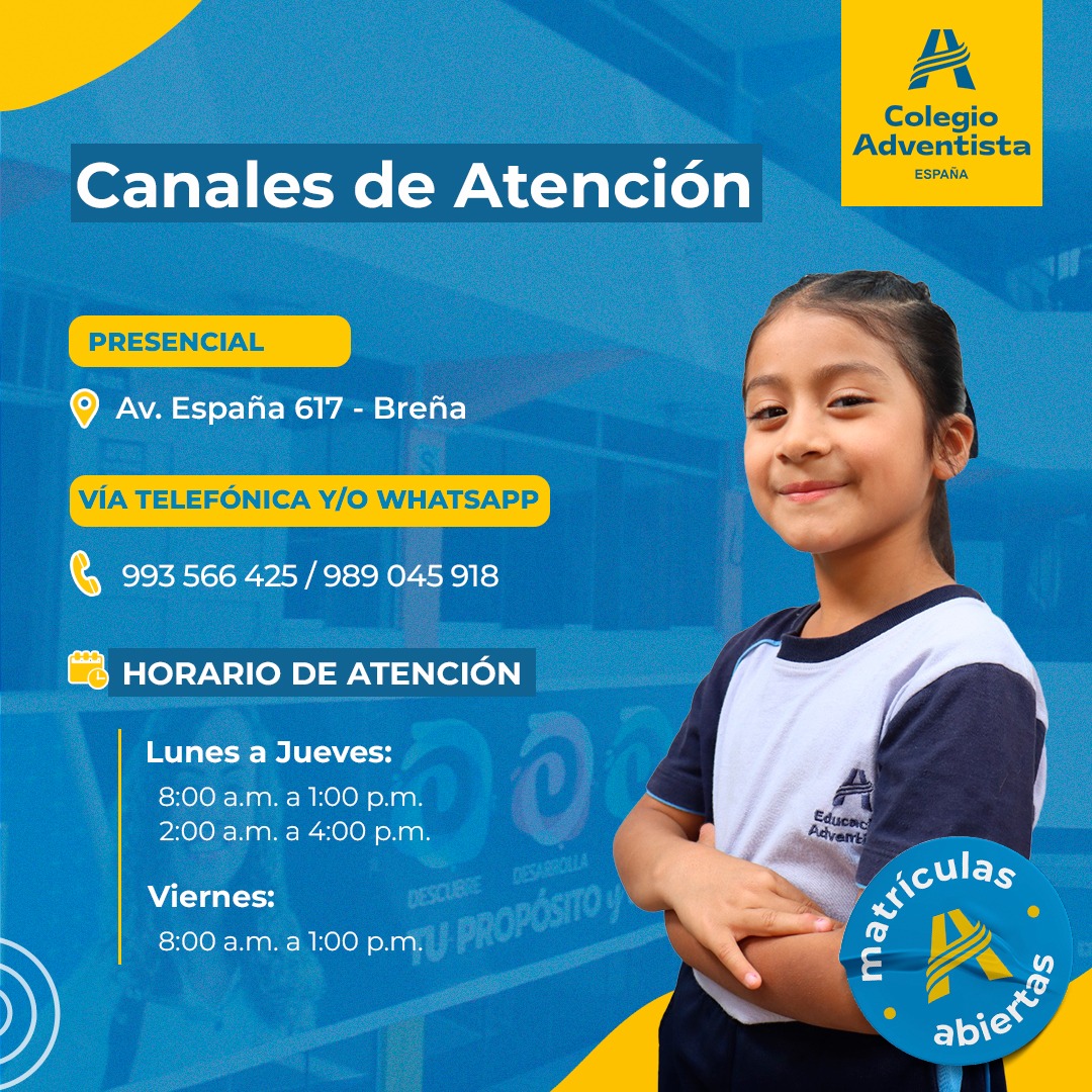 ¡Estamos aquí! 🤩. Compartimos nuestros canales de atención presencial 📍, telefónica o de WhatsApp 📱 para brindarte la información y atención que necesitas. ¡Te esperamos!
#EstoEsEA #MatrículasAbiertas #EducaciónAdventista #MásQueEnseñanza