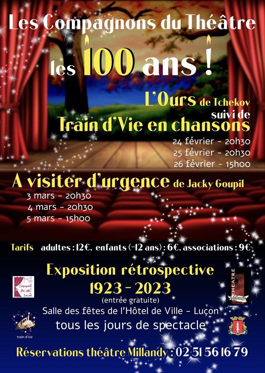 lescompagnons85's tweet photo. Pour les 100 ans, les Compagnons du Théâtre vous préparent non pas 1 pièce. Mais :
➡️ 1 pièce et un spectacle musical pour le premier week-end. 
➡️ 1 pièce comique le second week-end.
➡️ 1 expo rétrospective les 2 week-ends
Ça se passe à @villedelucon au @TheatreMillandy ! 🎭 https://t.co/f98taXo1gP