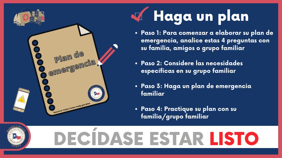 ReadyHarris's tweet photo. ¡Feliz viernes Condado Harris! Hacer un plan de emergencia es el primer paso para preparar a su familia para cualquier cosa, en cualquier momento. #Preparase https://t.co/6BaPyLPepv