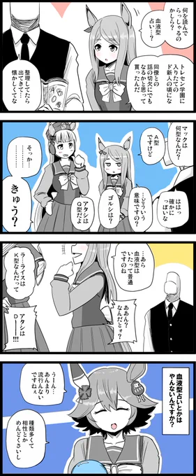 星座占いとは逆の意味で流行らなさそう。原作では非公開情報なので作中の「型」は適当です。

#ウマ娘
#メジロマックイーン
#ゴールドシップ 