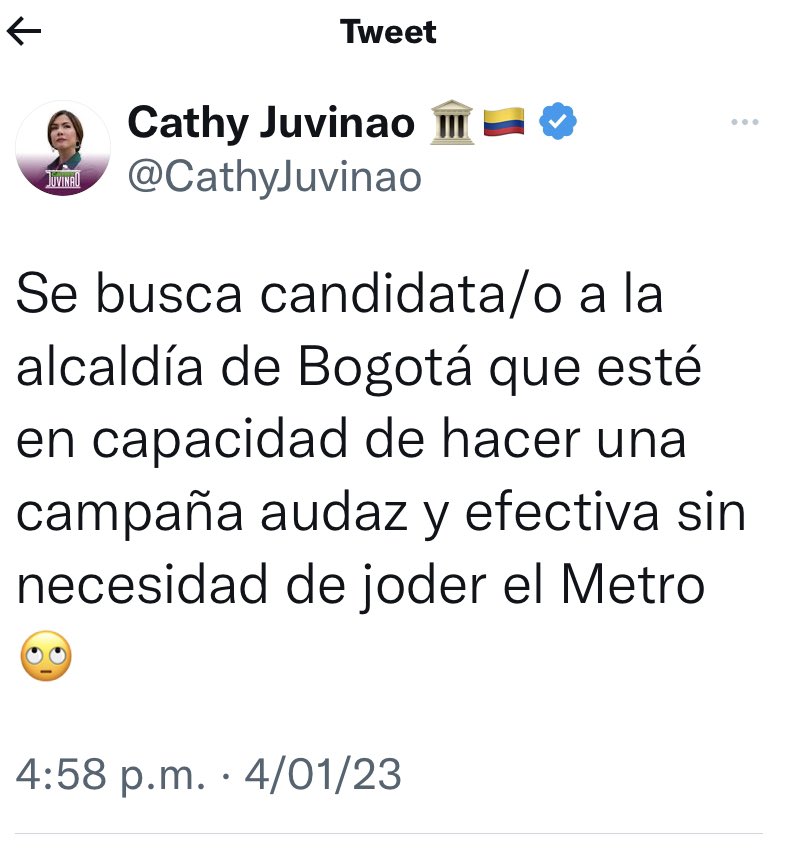 HOLLMANMORRIS's tweet photo. Los bogotanos deberíamos haber exigido a los Rep. a la Cámara elegidos por Bogotá, el debate de control político sobre el Metro, más aún cuando no aparece el cierre financiero, ni los estudios de ingeniería de detalle.

Su posición @cathyjuv, es la que lleva a Bogotá al atraso. https://t.co/qJp8o5Pbvf