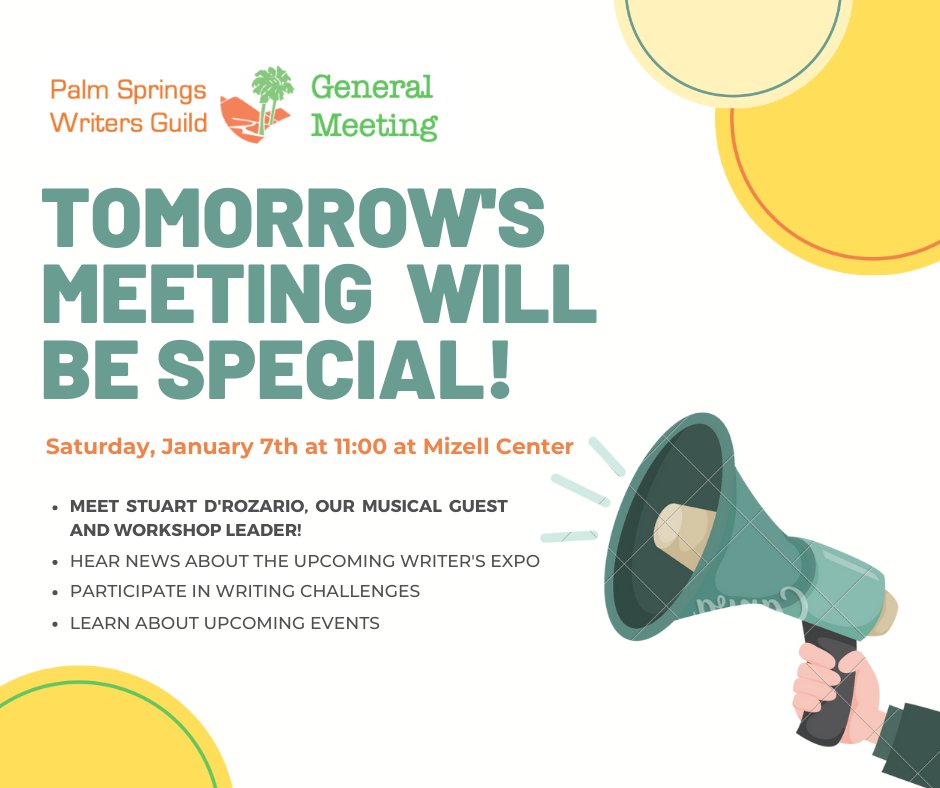 GuildPalm's tweet image. Tomorrow's General Mtg will be fun and interactive. The Insider Workshop that follows – "Find the Music in Your Writing" – will help us learn how to make our writing more lyrical!  Join us at the mtg...and pls register for the workshop! bit.ly/MUSIC_IN_YOUR_…

#WritingCommunity