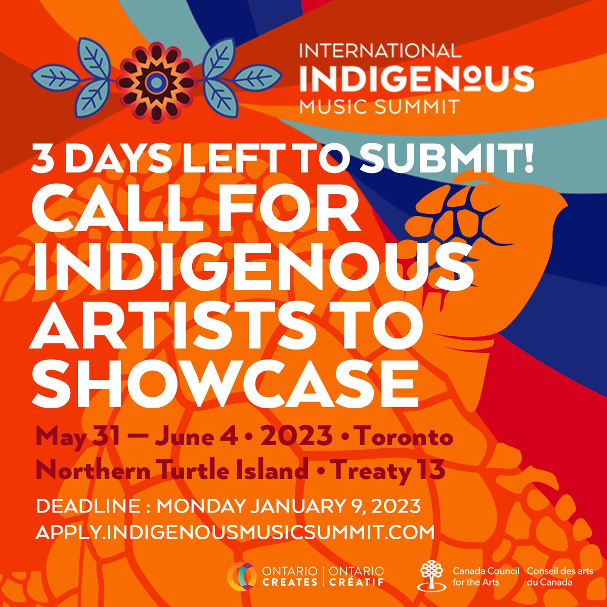 There's only 3 days left to apply to showcase at #IIMS2023! We encourage Indigenous artists from across the globe to join us for our 1st ever, standalone, in-person event. Any genre of music, contemporary or traditional, will be considered: apply.indigenousmusicsummit.com