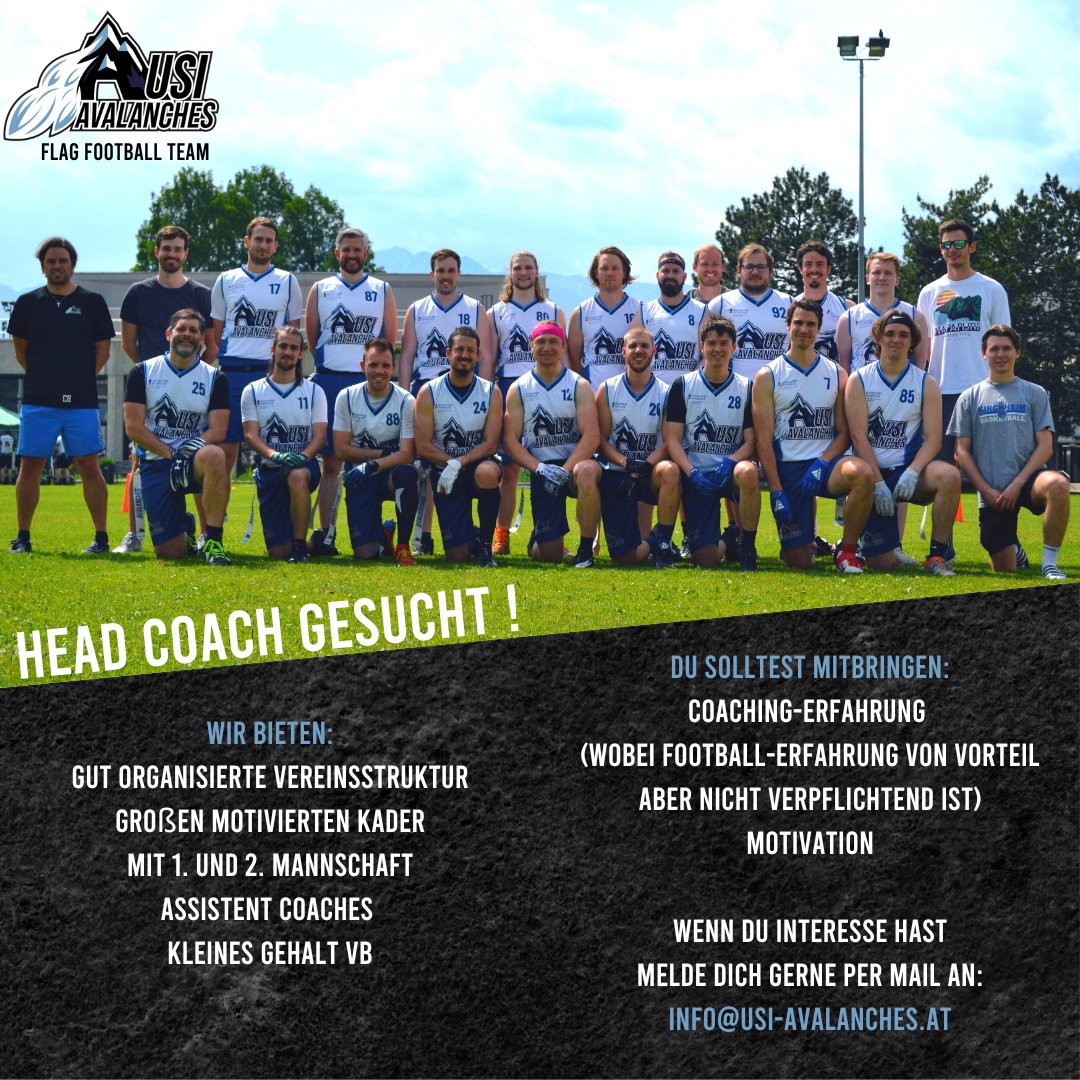 usiavalanchesff's tweet photo. HeadCoach gesucht!

Gut organisierte Vereinsstruktur
Großen motivierten Kader mit 1. Und 2. Mannschaft
Assistant coaches 
Kleines Gehalt VB

Du solltest mitbringen:
Coaching-Erfahrung (Football von Vorteil aber nicht verpflichtend)
Motivation

Melde dich: info@usi-avalanches.at https://t.co/wgUk8f3LeF