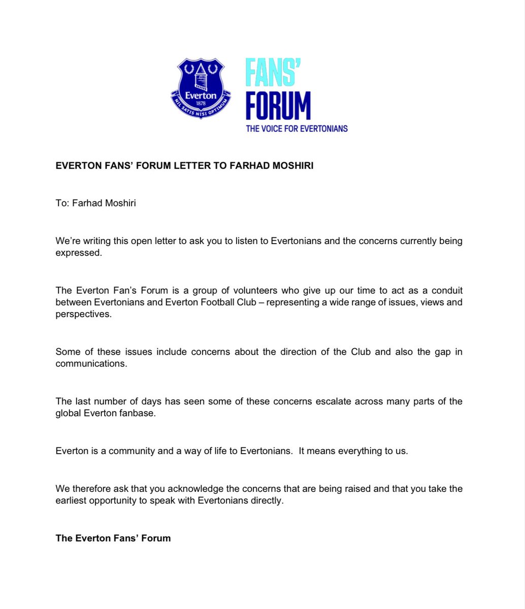 Everton Fans' Forum (@efc_fansforum) on Twitter photo An open letter from the Fans’ Forum to Farhad Moshiri. An open letter from the Fans’ Forum to Farhad Moshiri.