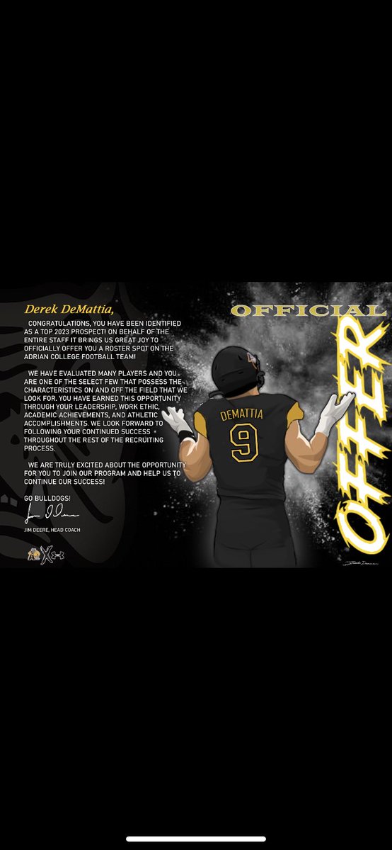Derek22733974's tweet photo. After a great visit and talk with @CoachDemeuse I am blessed to receive my 4th offer to further my education and play football at Adrian College!! @AdrianBulldogs GODAWGS! https://t.co/bV0yz6zn7E