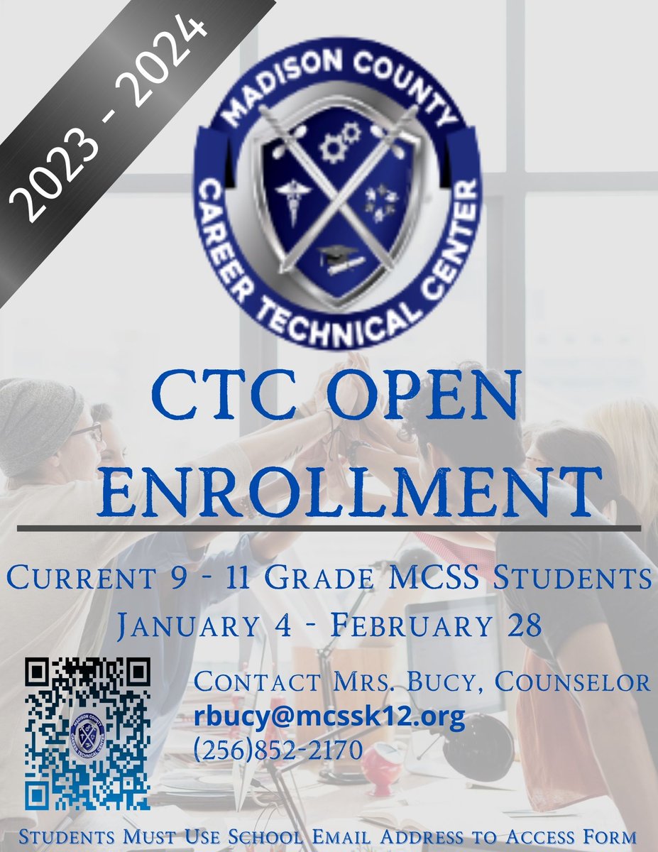 The 2023-2024 Madison County Career Technical Center Course Request / Application is Now Open until February 28, 2023. All Returning Tech. Students and New Students interested in attending must Complete and Submit the Application forms.gle/J3VvnpfLZehGGp…