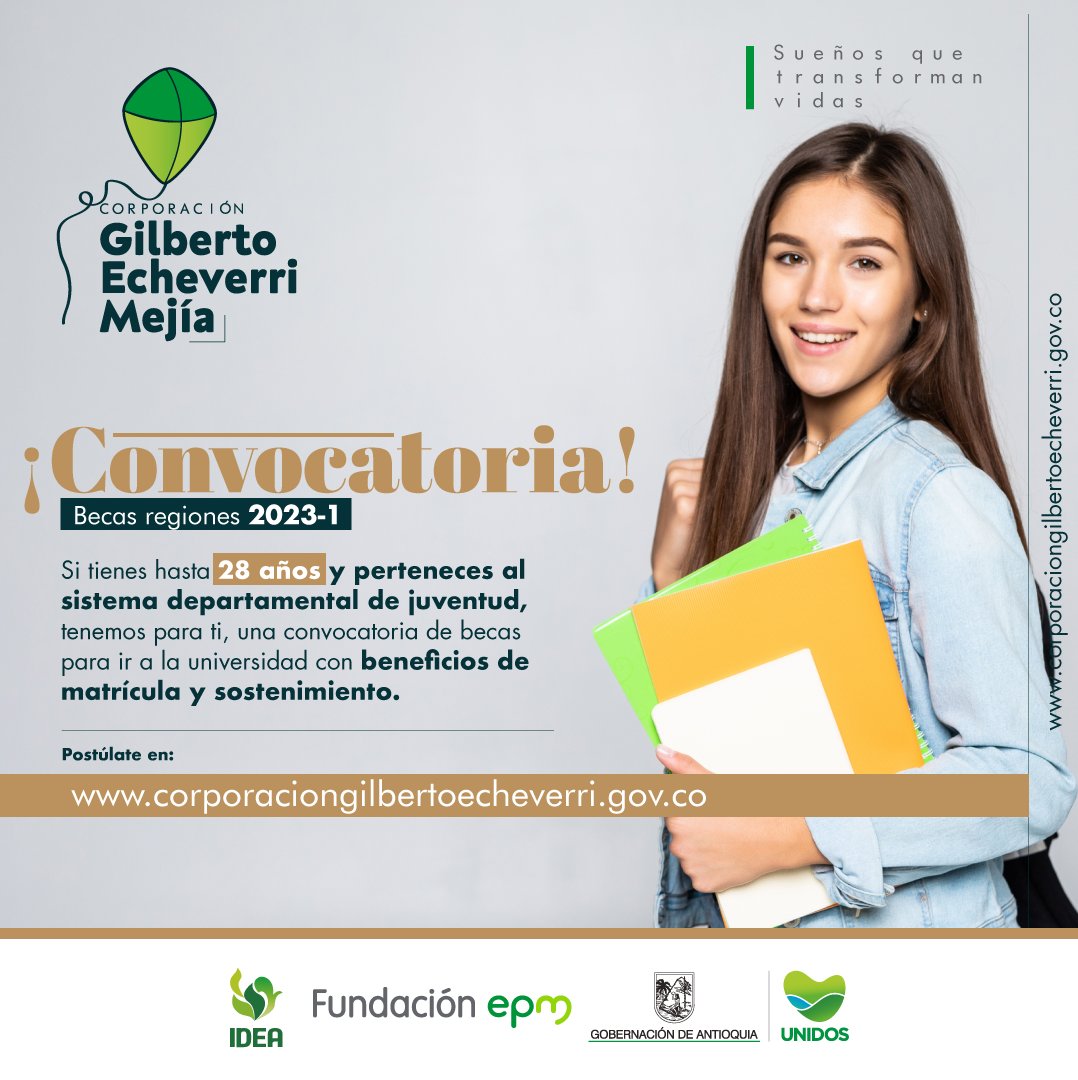 CorpoGEM's tweet photo. Hasta el 12 de enero está abierta la convocatoria especial de Becas Regiones dirigida a los jóvenes pertenecientes al Consejo de Juventud y miembros de la Plataforma de juventud del departamento de Antioquia. Inscríbete en: https://t.co/Am152W37On #UnidosPorLaEducaciónSuperior https://t.co/lfVt99a2Ly