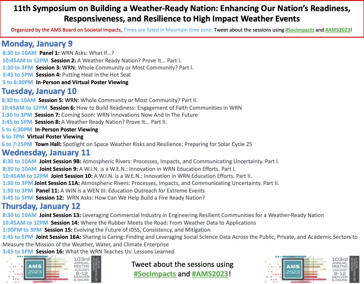AMS_Soc_Impacts's tweet photo. The @ametsoc AMS Annual Meeting is next week! Please see the attached flyers for two fantastic Symposia we are organizing - Societal Applications and Building a Weather-Ready Nation! We hope to see you there! #SocImpacts #AMS2023 https://t.co/cI3AtHprVu
