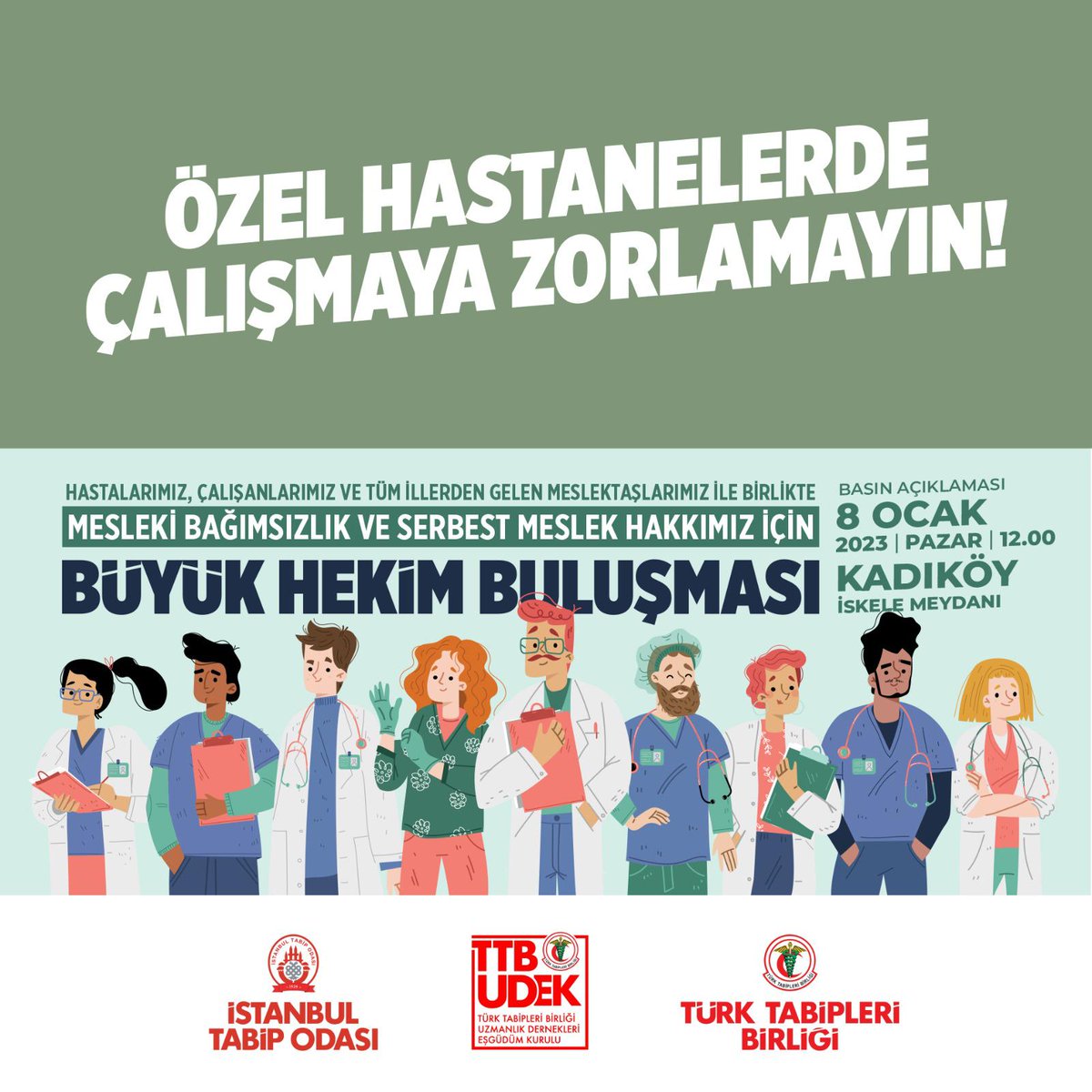 Güvencesiz çalışma koşullarında yaşamak zorunda değiliz. Hekim emeği ucuz iş gücü haline getirilip, sermayeye peşkeş çekilemez.
#BüyükHekimBuluşması
#6EkimYönetmeliğiGeriÇekilsin
#MedipolYönetmeliğiGeriÇekilsin 

🗓 8 Ocak
⏱ 12.00
📍 Kadıköy İskele Meydanı